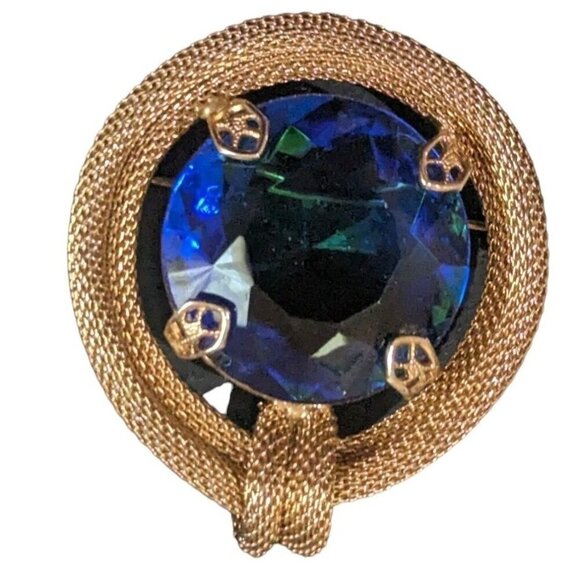 VintageBLUE GLASS Gold Mesh Brooch circle art deco estate statement2"